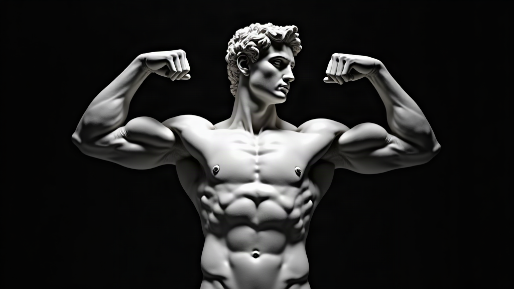 Classical marble statue of an athlete flexing